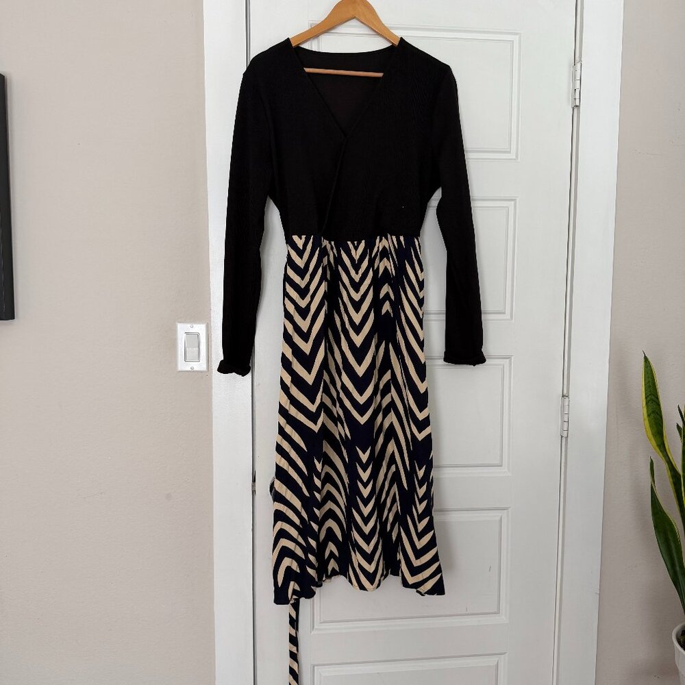 Black, tan and navy zigzag Dress (faux wrap design)